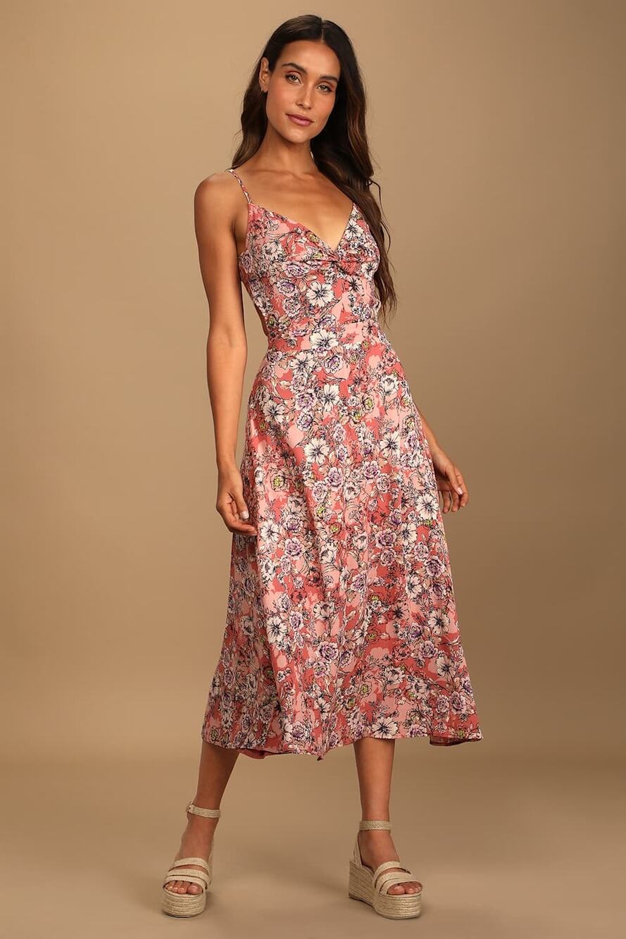 NWT Lulus Ties With You Rose Pink Floral Print Tie-Back Midi Dress Resort Sz XS
